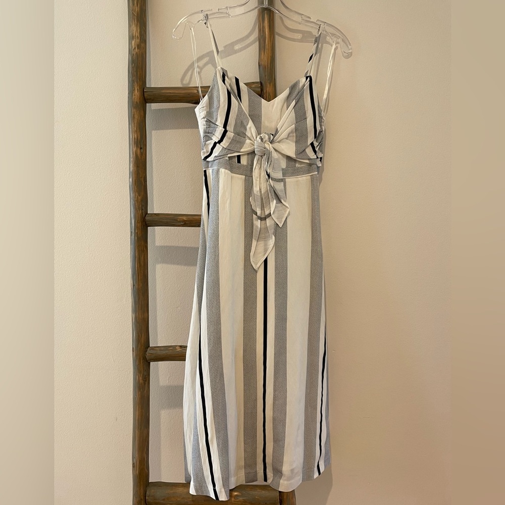 Midi Dress Women XS White Stripe Adjustable Spaghetti Strap Tie Front